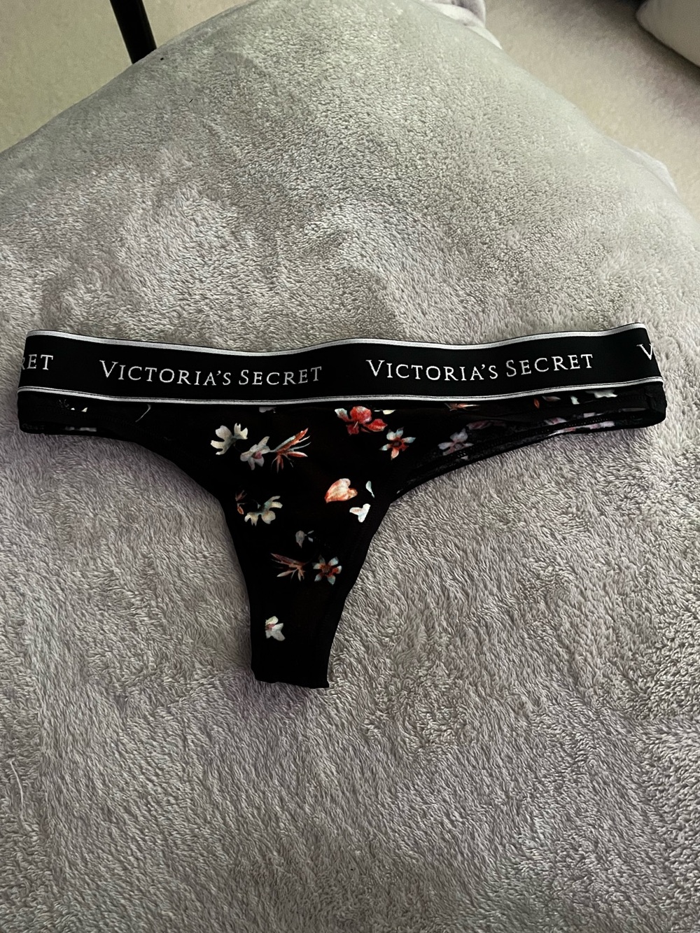 Victoria's Secret Black Floral Logo Thong Panty